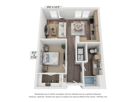 a 3d floor plan of a 555 square foot 1 bedroom apartment