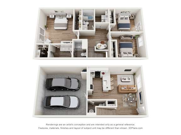 A 3D floor plan of a house with two bedrooms, a living room, a kitchen, a bathroom, and a garage.