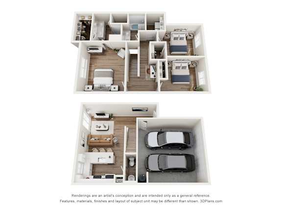 Floor Plan  A 3D floor plan of a house with two bedrooms, a living room, a kitchen, a bathroom, and a garage.