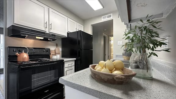 A kitchen with black appliances and a bowl of lemons on the counter.