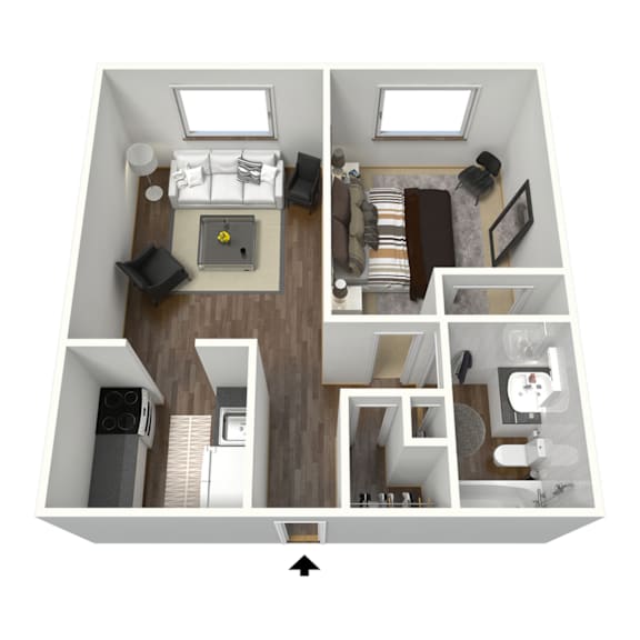A 3D floor plan of a house with a kitchen, living room, and bathroom.