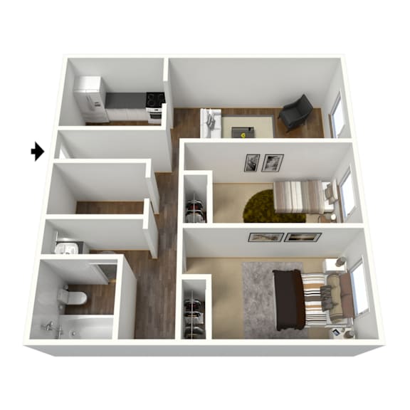 A 3D floor plan of a house showing the layout of the rooms.