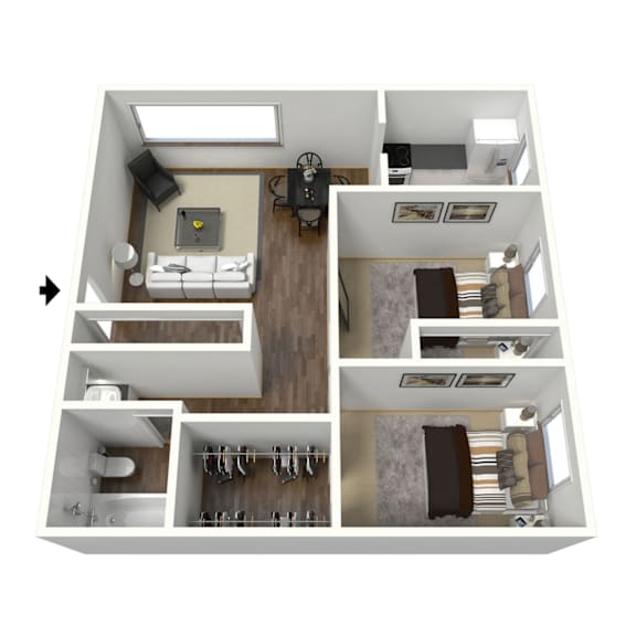 A 3D floor plan of a house showing a living room, kitchen, and bedrooms.