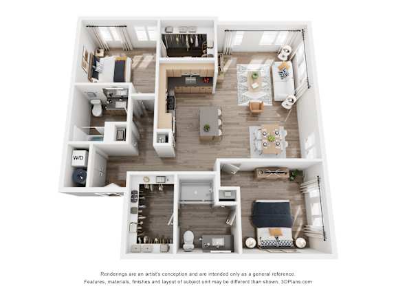 A 3D floor plan of a house with a kitchen, living room, and bedrooms.