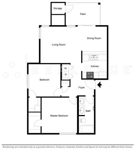 2 Bed - 1 Bath, 834 sq ft floor plan