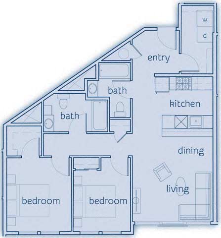 2 Bed, 2 Bath, 965 sq. ft. The Orcas floor plan