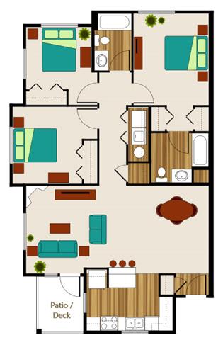 3 Bed - 2 Bath, 1243 sq ft floor plan
