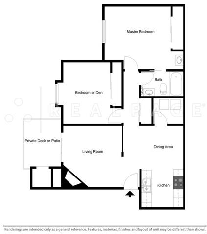 2 Bed - 1 Bath, 896 sq ft floor plan
