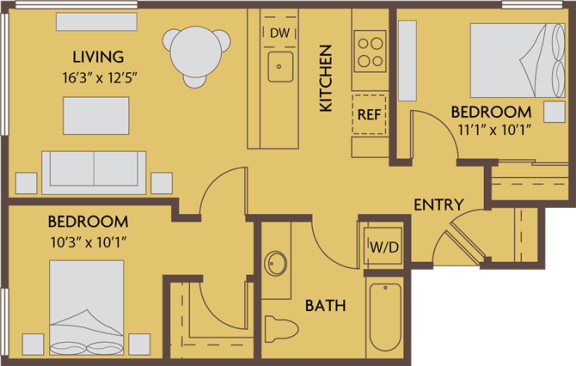 2 bed 1 bath 818 square feet floor plan