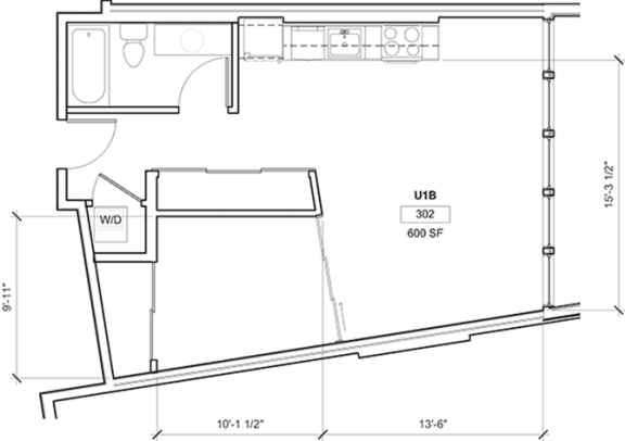 1 Bed - 1 Bath, 617 sq ft, Urban 1 Bedroom A floor plan