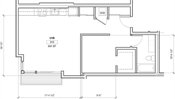 1 Bed - 1 Bath, 688 sq ft, Urban 1 Bedroom C floor plan