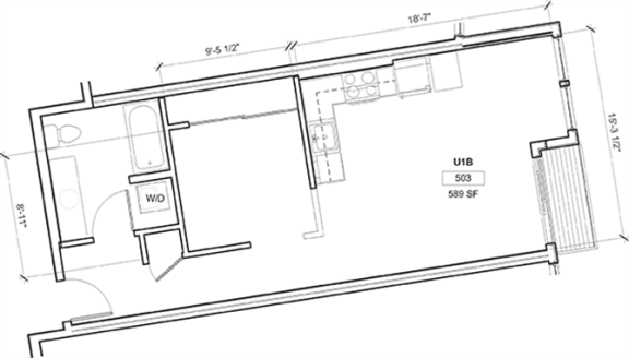 1 Bed - 1 Bath, 630 sq ft, Urban 1 Bedroom D floor plan