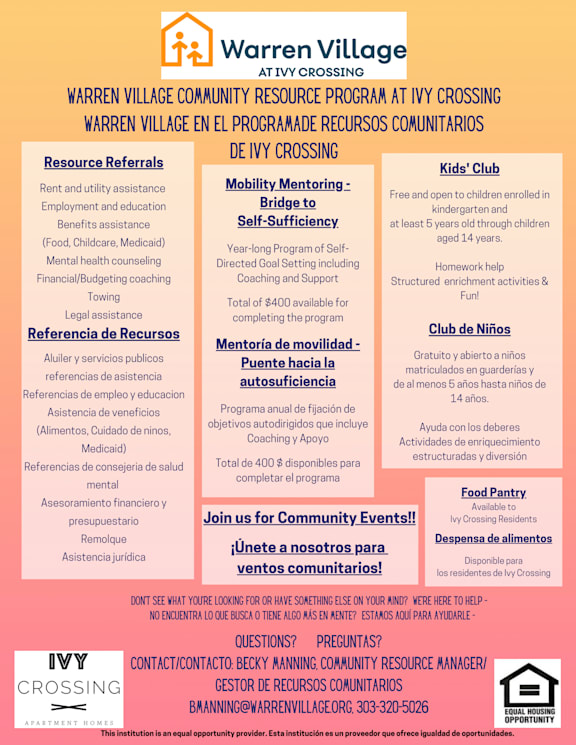 A flyer for Warren Village at Ivy Crossing detailing their community resource program.