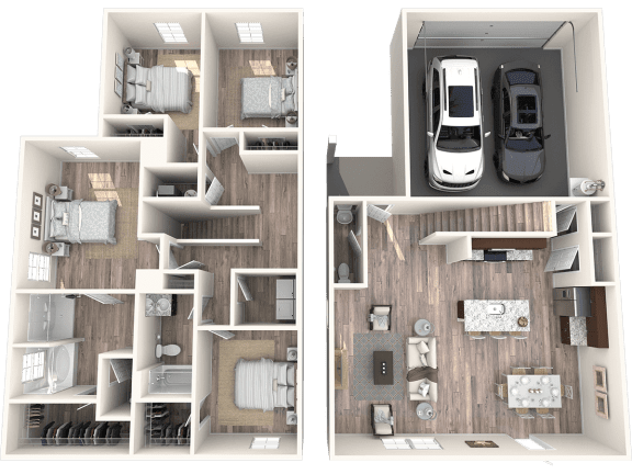 A 3D floor plan of a house with two bedrooms, a living room, a kitchen, and a garage.