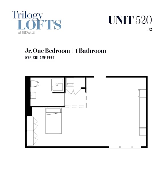 A floor plan for a unit with one bedroom and one bathroom.