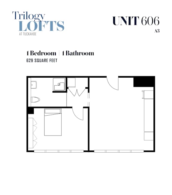 A floor plan for a 629 square foot apartment with one bedroom and one bathroom.