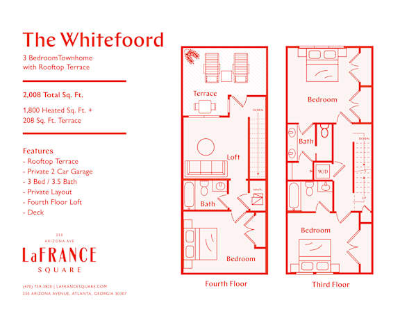 A red and white floor plan for a 3 bedroom townhome.