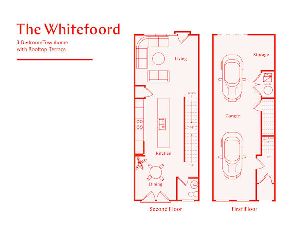 A diagram of a 3 Bedroom Townhome with Rooftop Terrace showing the layout of the rooms.