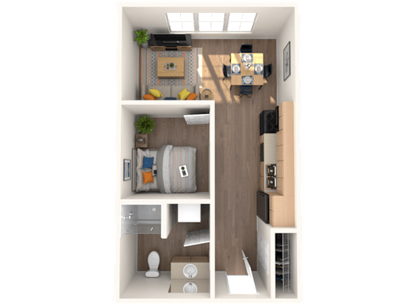 A 3D rendered image of a small apartment layout.