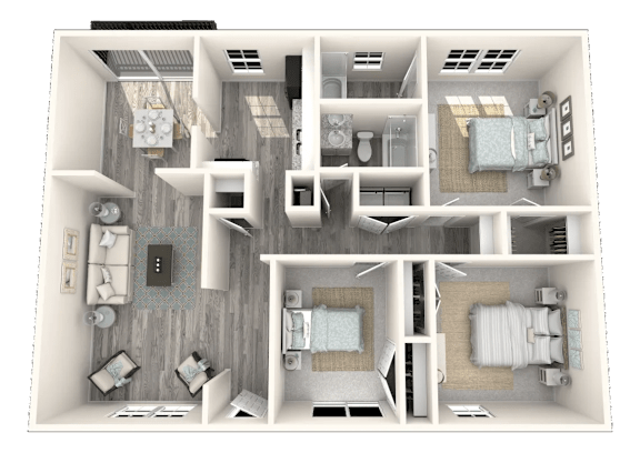 A 3D floor plan of a house with multiple rooms and furniture.