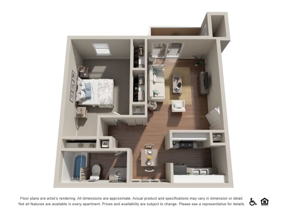 a stylized floor plan with a bedroom and a living room