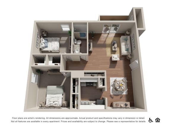 a stylized floor plan with a bedroom and a living room