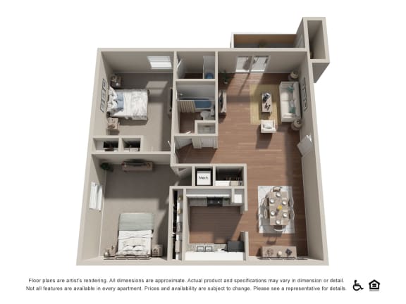 a stylized floor plan with a bedroom and a living room