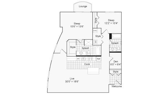 A floor plan of a house with a lounge, sleeping area, kitchen, and bathroom.