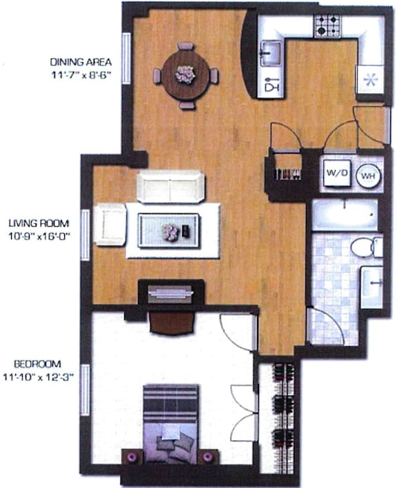 A floor plan of a house showing a dining area, living room, and bedroom.