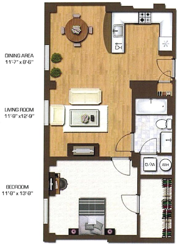 A floor plan of a small apartment with a living room, dining area, and bedroom.