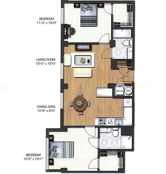A floor plan of a small apartment with a living room, dining area, and two bedrooms.