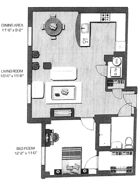 A black and white image of a floor plan for a home with a dining area, living room, and bedroom.