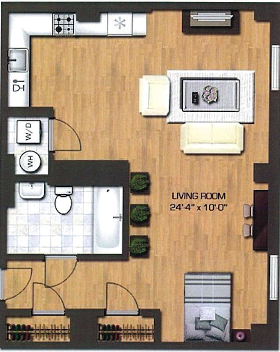 A living room floor plan with a sofa, coffee table, and kitchen area.