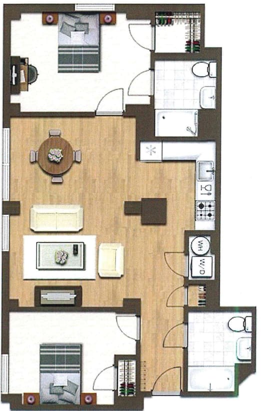 A floor plan of a house with a kitchen, living room, and two bedrooms.