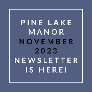 a navy blue background with white text and the word pine lake manor