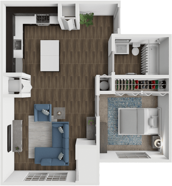 A 3D floor plan of a house showing a kitchen, living room, and bathroom.