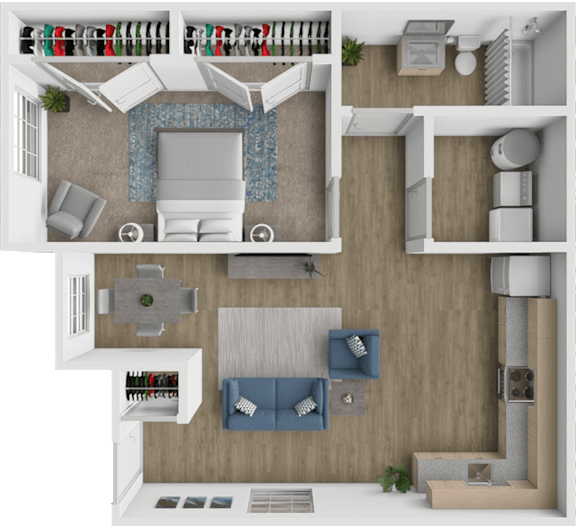 A 3D floor plan of a modern apartment with a living room, kitchen, and bedroom.