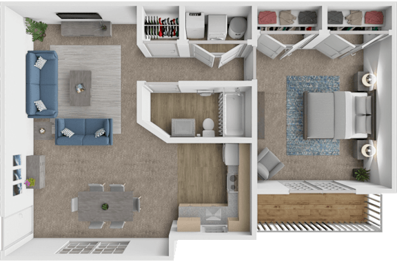 A 3D floor plan of a small apartment with a kitchen, living room, and bedroom.