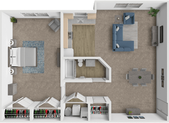 A 3D rendered image of a modern kitchen and living room.
