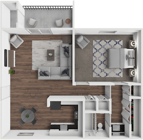 A 3D rendered image of a modern apartment layout.