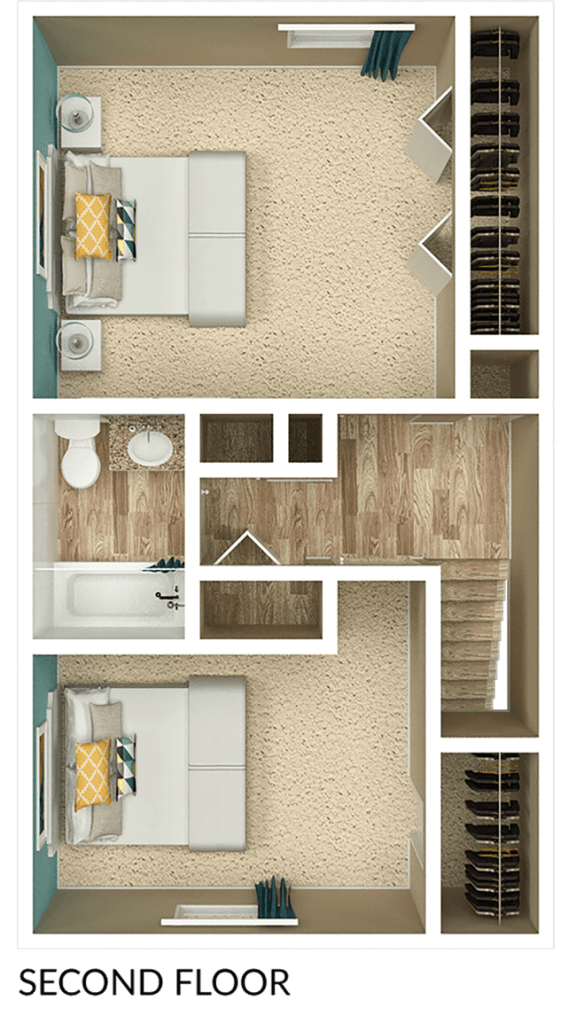 second floor of 2 bedroom apt townhome floor plan