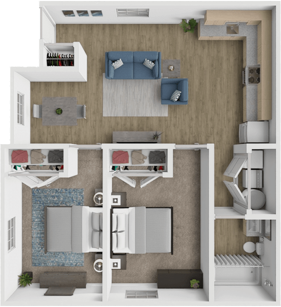 A 3D floor plan of a small apartment with a living room, kitchen, and bedroom.