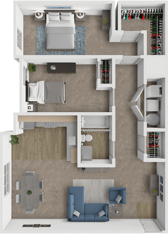 A top-down view of a small apartment with a bedroom, living room, and kitchen.