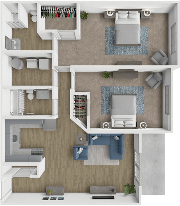 A 3D floor plan of a house with a living room, kitchen, and two bedrooms.
