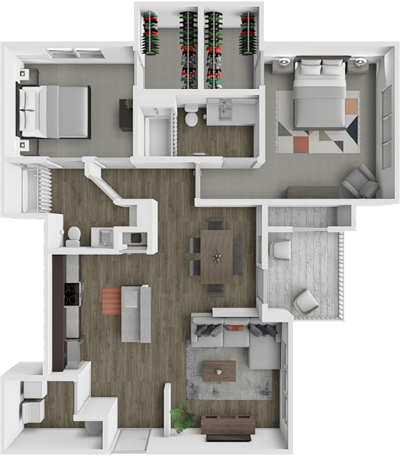 A 3D floor plan of a house with multiple rooms and furniture.