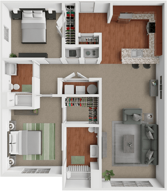 A 3D floor plan of a 2 bedroom apartment showing a kitchen, living room, and bedrooms.