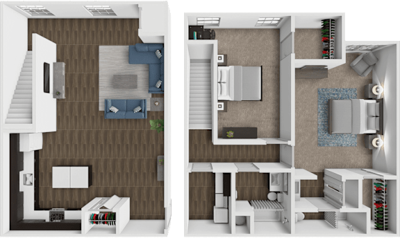 A 3D floor plan of a house showing a living room, kitchen, and bathroom.