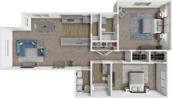 A 3D floor plan of a house showing a kitchen, living room, and bedrooms.