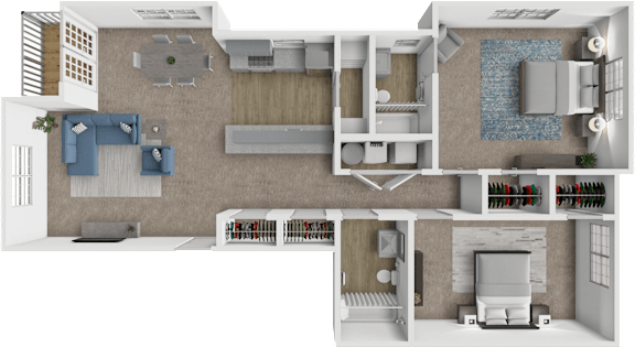 A 3D floor plan of a house showing a living room, kitchen, and bedrooms.