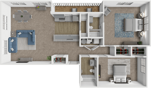 A 3D floor plan of a house showing a kitchen, living room, dining room, and bedrooms.